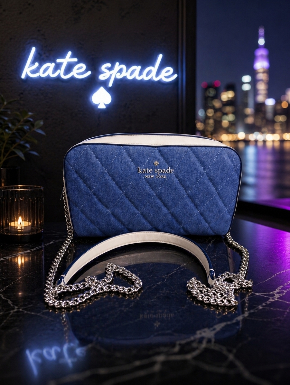 Nwot Kate Spade Denim Quilted Blue and Cream Crossbody Bag